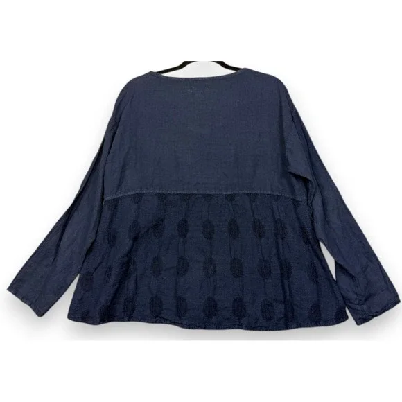 FLAX Top Womens S Blue Linen Long Sleeve Scoop Neck Textured Polka Dot Back - Picture 2 of 9